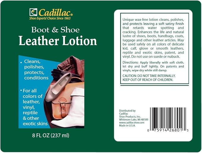 Cadillac Boot and Shoe Leather Lotion 8 Ounces - Cleans, Conditions, Protects, and Polishes Leather Footwear and Accessories