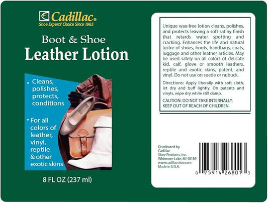 Cadillac Boot and Shoe Leather Lotion 8 Ounces - Cleans, Conditions, Protects, and Polishes Leather Footwear and Accessories
