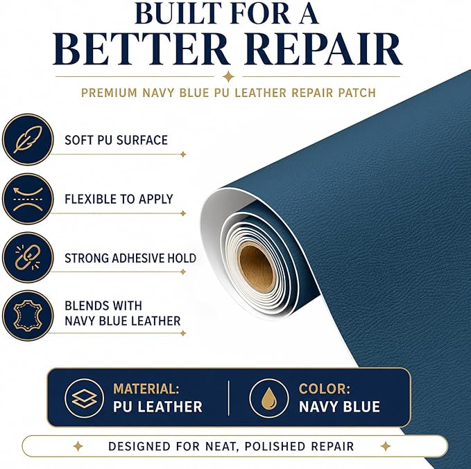 CHEIGHY Leather Repair Patch for Couches Self-Adhesive Leather Repair Tape kit for Furniture Sofa Vinyl Car Seats Couch Chairs Shoes Down Jackets (Blue, 17X79 inch)