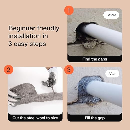 MaPorch 3-Roll Steel Wool Mice Control Kit - Unchewable Gap Filler for Doors, Pipes, Weep Holes and Baseboards - 2.5 in x 7.5 ft - Grade 4 Thick Excluder Mesh for Rodents with Gloves and Scissors