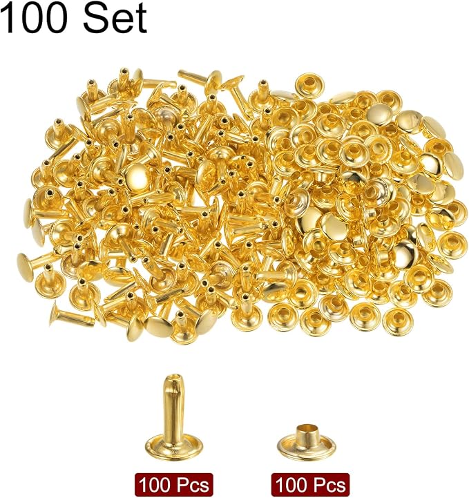 HARFINGTON 100 Sets Leather Rivets 12 x 9mm Metal Double Cap Rivet Snaps Studs Fasteners with 3pcs Setting Tools Rivets for Leather Craft DIY Repair Decoration, Gold Tone