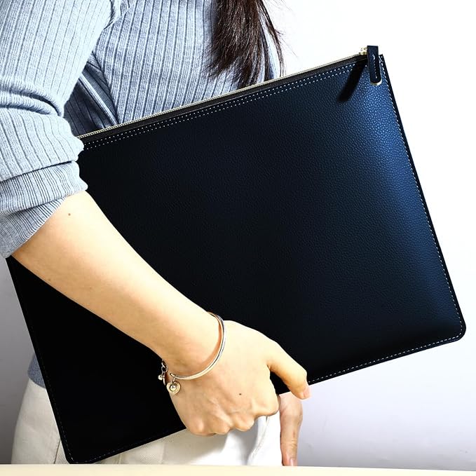 PU Leather A4 File Folder Zipper Document Holder Envelope Folder Case for Receipt Contract (Blue)