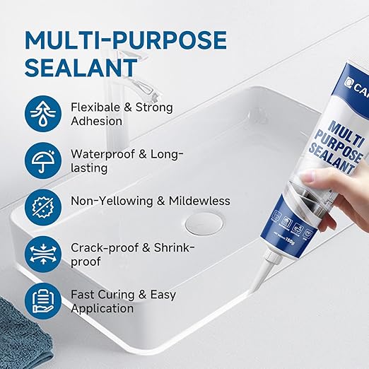 Silicone Caulk for Kitchen & Bathroom, Waterproof White Caulk for Sink, Toilets, Windows, Doors, Strong Adhesion, Shrink & Crack Proof,Long-Lasting(White, 5.29oz)