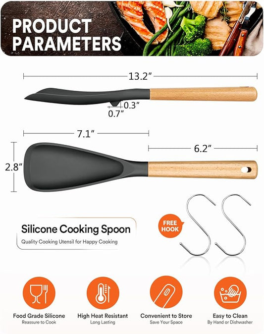 Cooking Spoon for Nonstick Cookwares, Great for Cooking and Serving Sturdy BPA-Free Matte Silicone, Wood Handle Spoon for Mixing, Scoop, and Scrape (2 Pack of Grey, 13.4 inch)