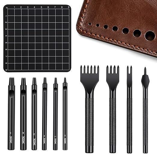 XOOL Leather Punch & Stitching Chisel Kit, Diamond Chisels & Hollow Hole Punch Set, 1–5mm & 4mm Prong Spacing, for Belt, Watch Strap & DIY Leather