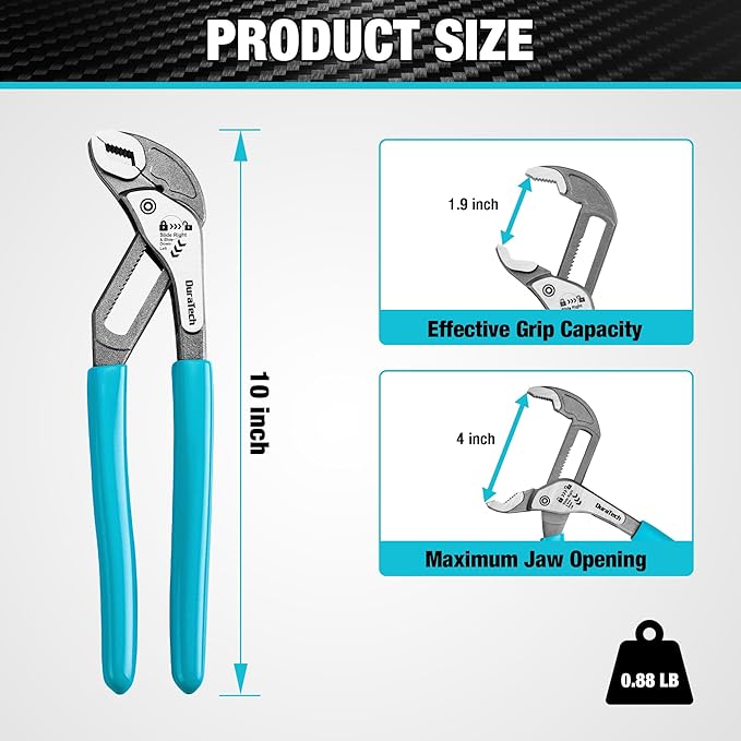 DURATECH 10-Inch Water Pump Pliers, Quick-Adjust Groove Joint Pliers, Tongue and Groove Plier with Slide-to-Unlock Mechanism, V-Jaw Design, CR-V Steel, for Plumbing, Automotive and Household Repairs