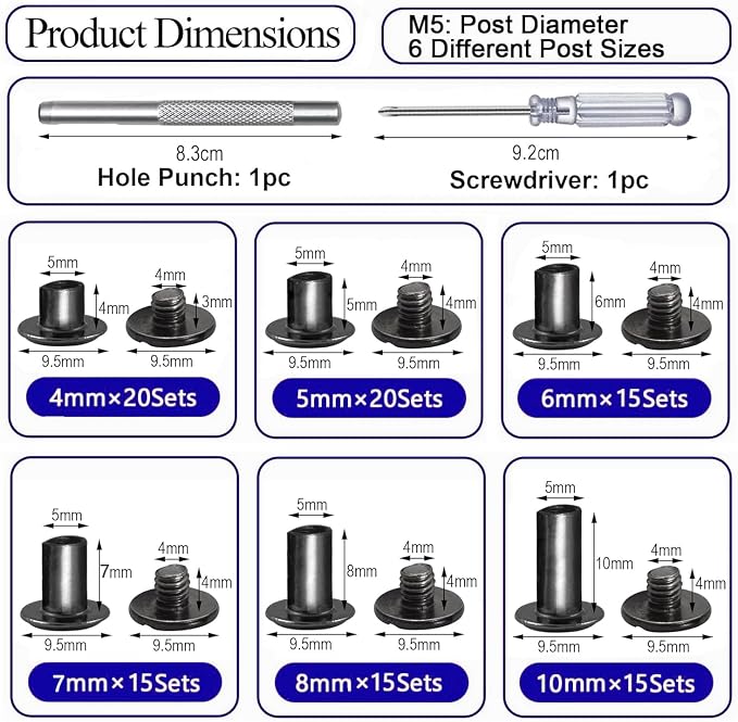 Ironking 100Sets M5 Leather Chicago Screws Assorted Metal Leather Fasteners Buttons Screw Rivets， for Leather Craft Decorate and Repair Belts Bags Shoes Purse (Gunmetal Black, M5*4,5,6,7,8,10)
