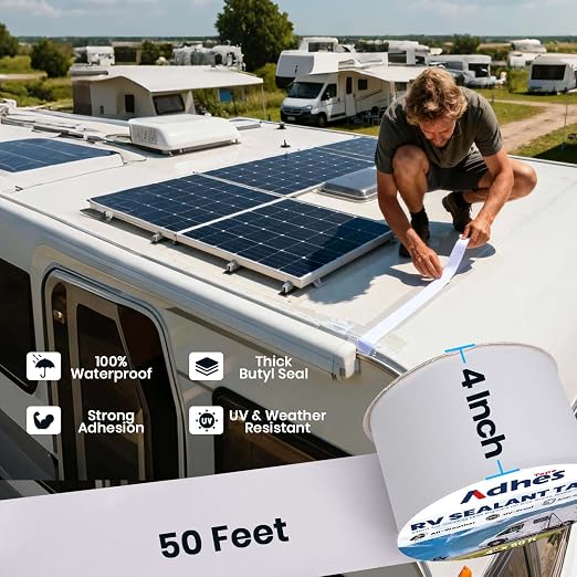 ADHES White Butyl Sealant Tape 4 Inch x 50 FT – Single-Sided Waterproof RV Roof Repair Tape, Leak-Proof Sealant for Camper, Window, Skylight, and Roof Edge