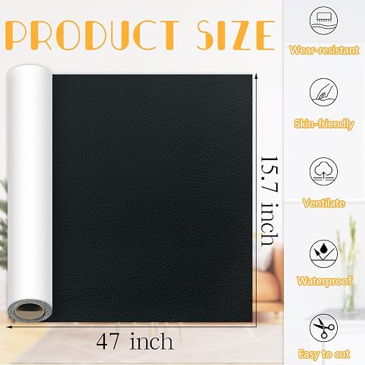 Black Leather Repair Tape, 15.7×47 Inch Self-Adhesive Leather Repair Patch for Couch, 1 Roll Vinyl Leather Repair Kit Leather Patches for Handbags, Car Seat, Office Chairs