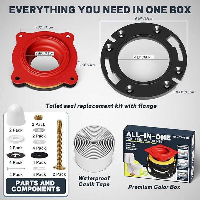 boeemi Toilet Flange Repair Kit with Elastic Wax Ring TF02-RI- Premium Toilet Seal and Gasket Replacement (with Sealing Caulk Tape)
