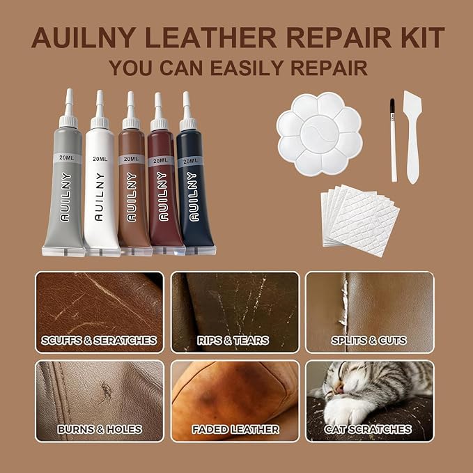Leather Repair Kit for Furniture, Sofa, Jacket, Car Seats & Purse. Fix Tears, Scratches, Holes & Peeling on Genuine, Faux, Bonded.（5 Colors）