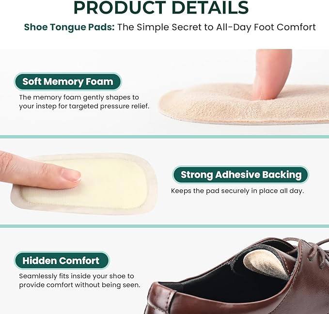 Shoe Tongue Pads for Men & Women - Welnove 4 Pairs Suede Memory Foam Shoe Padding Cushion Soft Self Adhesive Inserts Filler for Boots, Leather Shoes, Dress Shoes, Loafers (Beige, Size L)