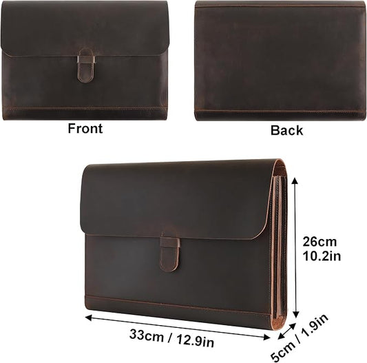 Genuine Leather File Folder, Accordian File Organizer, Leather Document Holder Resume Folio for Men & Women - Dark Brown