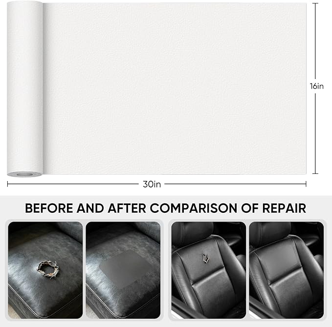 Leather Repair Tape,16 x 30 Inches Self Adhesive Leather Repair Patch，Leather Repair Kit for Furniture，Couches,Car Seats,Cabinets,Handbags(White)
