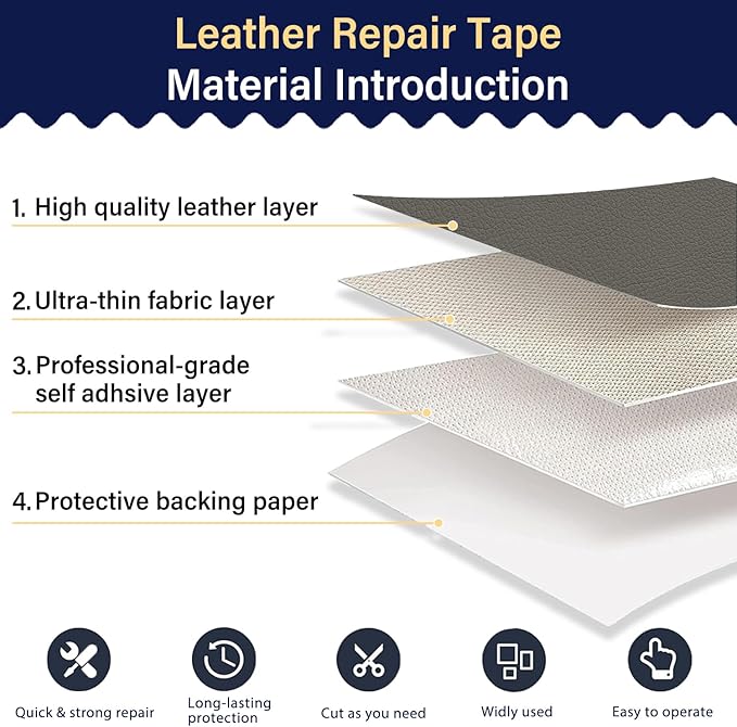Zenyao Leather Repair Patch Tape - Self Adhesive Leather Repair Kit for Car Seat Furniture, Heavy Duty Vinyl Repair Patch for Couch Sofa, Waterproof Fix for Tears, 16x30 Inch Roll, Light Grey