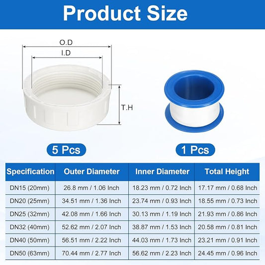 uxcell 5Pcs 2 Inch PT Female Thread PVC Pipe Fitting Cap, Cleanout Water Drain End Caps, Pipe Plug Socket Fittings with Tape for Water Heater Supply Lines, Plumbing, White