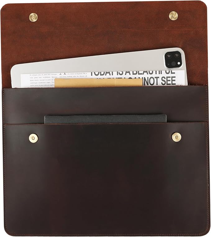 Leather Tablet Sleeve - 12.9/13 Inch iPad Pro Sleeve, Document Holder Folio File Holder, Genuine Leather iPad Case for Protection and Style-Dark Brown