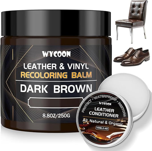 Leather Recoloring Balm with 100ml Mink Oil Conditioner | Dark Brown Repair Kit, Dye & Color Restorer for Furniture, Sofa Car Seats, Bags | Restore Faded & Scratched Surfaces
