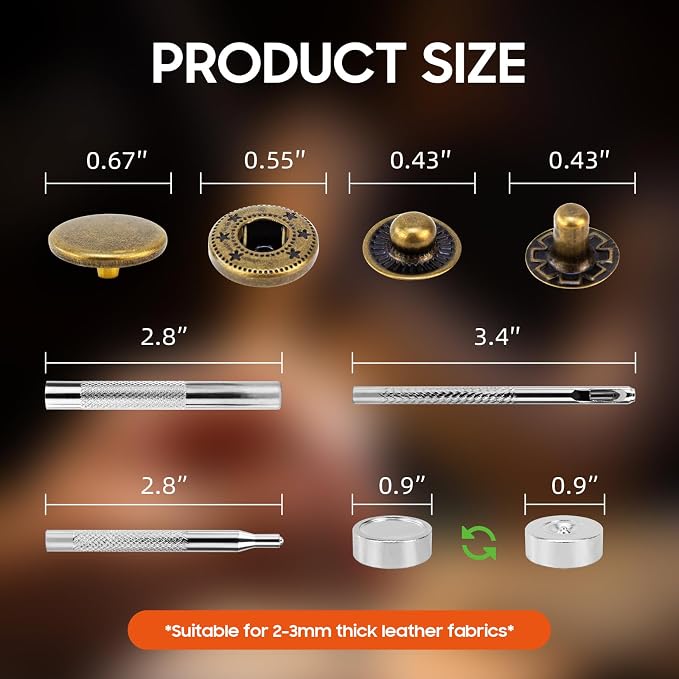 Leather Snaps and Fasteners Kit，17mm 40 Sets Metal Snap Buttons with Setter Tools， Sewing Snaps for Clothing，Fabric，Leather, Clothes, Jackets, Bags, DIY Crafting（Bronze）