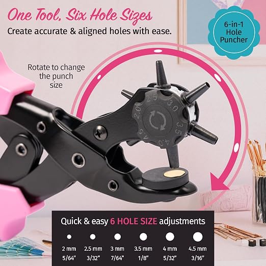 Pro-Master Belt Hole Puncher for Leather - Leather Punch Tool - 6 Multi-Size Rotary Heads 2-4.5mm - Double Leverage for Small Hands - Ideal for Watch Straps, Fabric, DIY Crafts - Crafting Kit - Pink