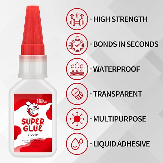 Super Glue, 20g Quick-Dry Strong Adhesive for Plastic, Metal, Wood, Leather, Shoe, Rubber, Glass, Fast Bonding Multi-Purpose Clear Glue for Home Repairs, DIY Crafts