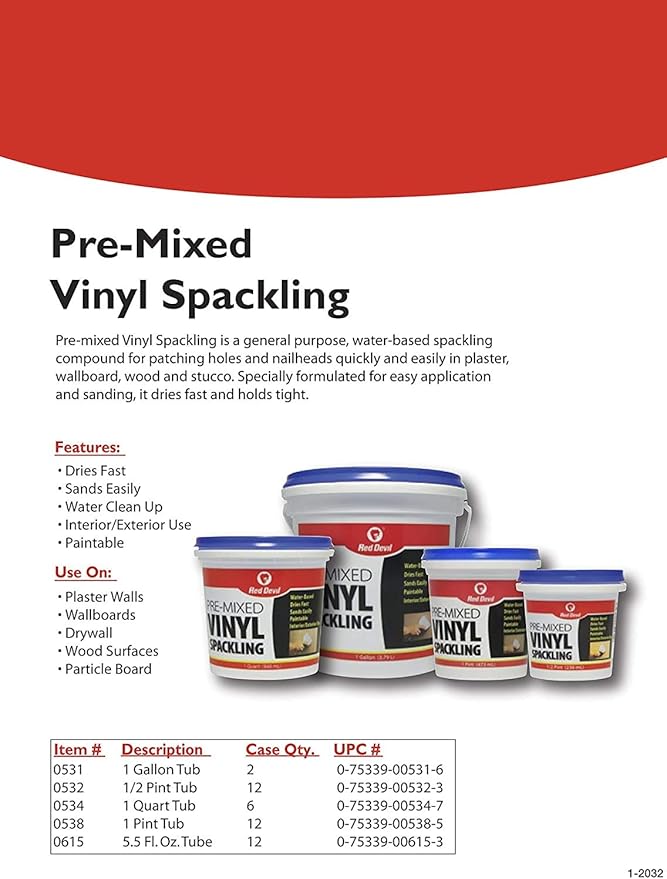 Red Devil 0532 Pre-Mixed Vinyl Spackling, 1/2 Pint