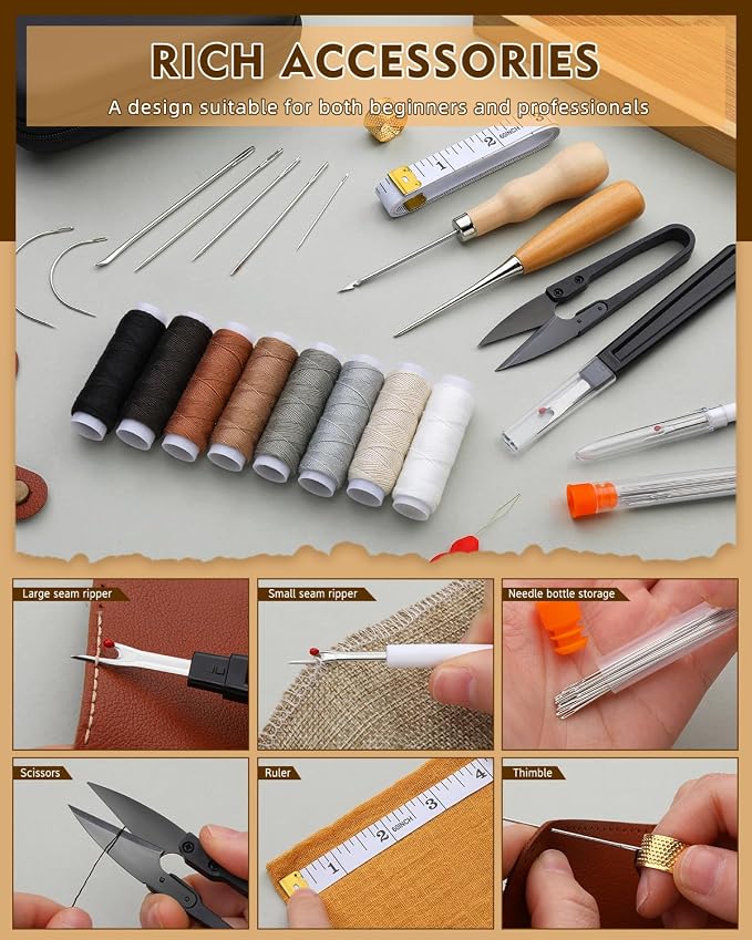 BAGERLA Upholstery Repair Kit, 50 Pcs Heavy Duty Sewing Kit with 8 Colors Thread 32 Pcs Upholstery Needles, Sewing Awls for Hand Stitching Car Sofa Shoe Backpack Craft DIY