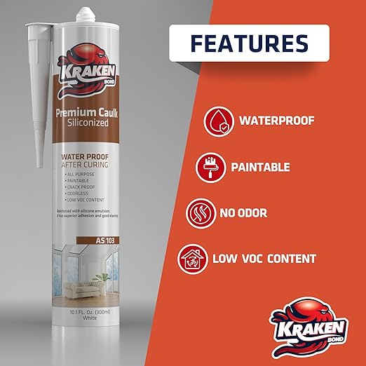 Kraken Bond Premium All Purpose Acrylic Latex Caulk - (12x10.1 fl. oz.) White Paintable Interior and Exterior Window Caulk, Baseboard, Trim, Kitchen and Bathroom - Waterproof, Odorless - 12 Pack