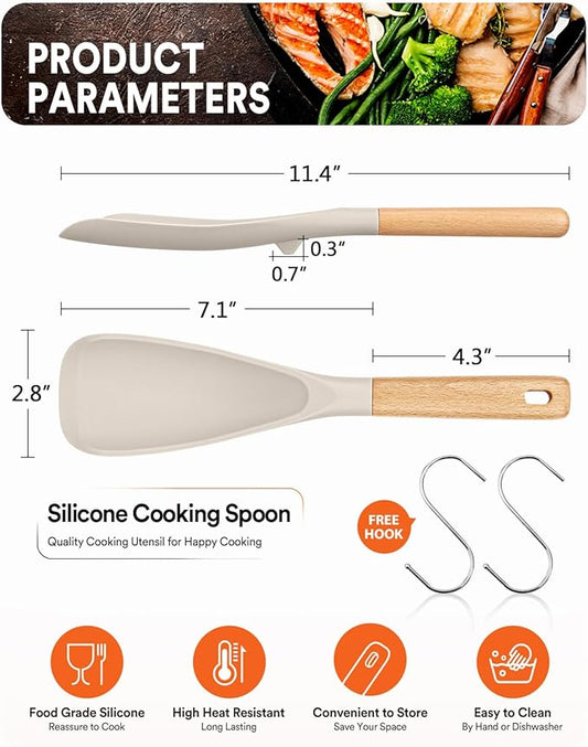 Cooking Spoon for Nonstick Cookwares, Great for Cooking and Serving Sturdy BPA-Free Matte Silicone, Wood Handle Spoon for Mixing, Scoop, and Scrape (2 Pack of Khaki, 11.4 inch)