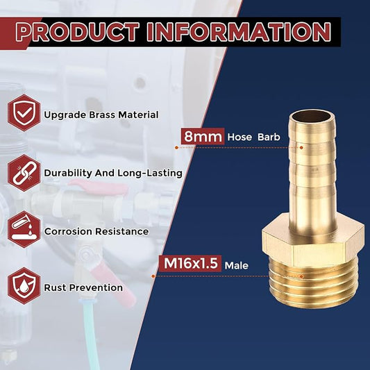 Pack of 2 Brass Hose Barb Fittings Adapter Connector 8mm Hose Barb to M16x1.5 Male Fittings for Home Machines, Massage Bathtubs, and Irrigation Systems