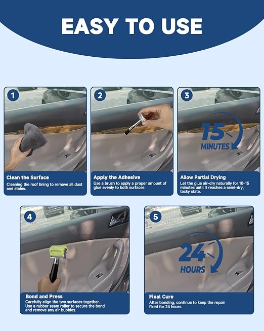 Headliner Repair Glue, Car Headliner Adhesive with Rubber Seam Roller Headliner Repair Kit,Upholstery Glue with Brush for Automotive interiors, Fabric, Leather (4.23oz)