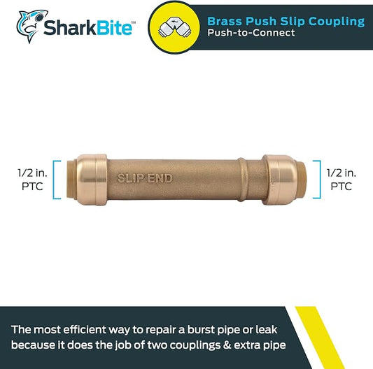 SharkBite 1/2 Inch Slip Coupling, Push to Connect Brass Plumbing Fitting, PEX Pipe, Copper, CPVC, PE-RT, HDPE, U3008LFA