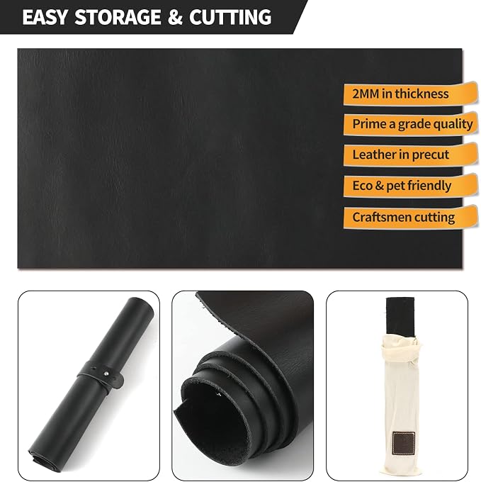RingSun Genuine Leather Sheets for Leather Craft (2mm), Full Grain Leather for Tooling Craft Sewing(10''X10'', Black)