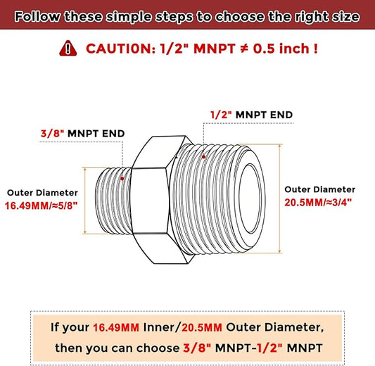 Pack of 4, 1/2" MNPT to 3/8" MNPT Solid Brass Hex Nipple Hose Connectors, Male Pipe Adapter for Pipe Leak Repair, Bathroom Remodeling, Tool Extensions, Compression