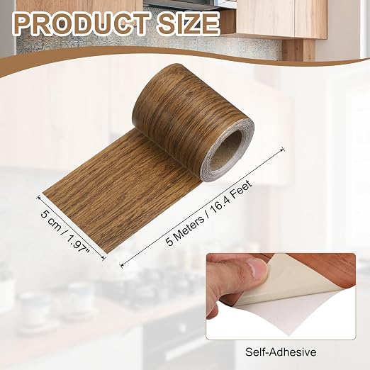 uxcell Wood Tape, 2 Inch x 16ft Self-Adhesive Wood Grain Repair Tape Patch with Plastic Scraper for Baseboards, Doors, Windows, Floor Repair and Furniture Renovation, Brown