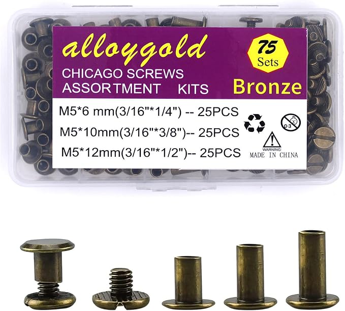 75 Sets Bronze Chicago Screws Assorted Kit 3 Sizes Leather Rivets 1/4 3/8 1/2 Screw Rivets Flat Fillister Book BindingPosts Nail Rivet Chicago Bolts for DIY Leather Craft (M5*6,10,12)