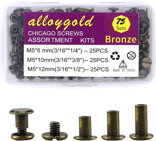 75 Sets Bronze Chicago Screws Assorted Kit 3 Sizes Leather Rivets 1/4 3/8 1/2 Screw Rivets Flat Fillister Book BindingPosts Nail Rivet Chicago Bolts for DIY Leather Craft (M5*6,10,12)
