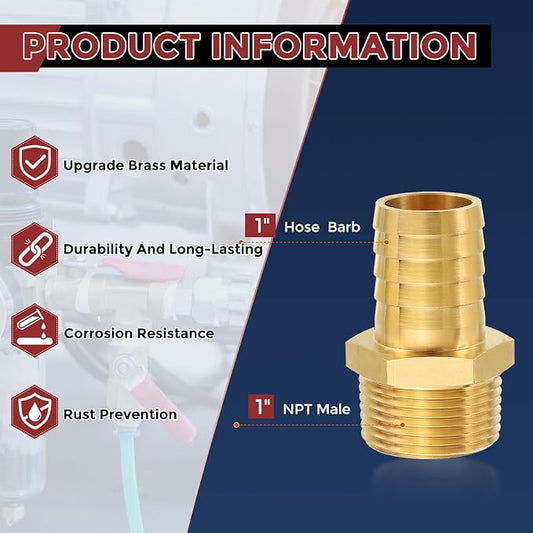 Pack of 4 Brass Hose Barb Fittings 1" Hose Barb to 1" NPT Male Fittings
