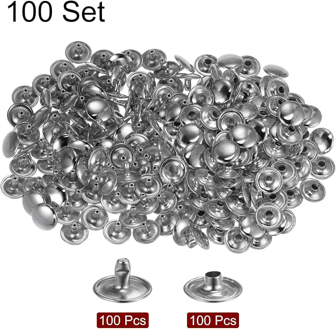 HARFINGTON 100 Sets Leather Rivets 8 x 12mm Metal Double Cap Rivet Snaps Studs Fasteners with 3pcs Setting Tools Rivets for Leather Craft DIY Repair Decoration, Silver Tone