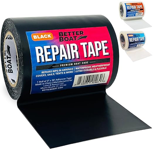Better Boat Repair Tape for Fabric and Vinyl 30ft x 3in, Black Waterproof Patch Tape for RV Awning Canvas Tent Tarp Sail Canopy Boat Cover, Heavy Duty