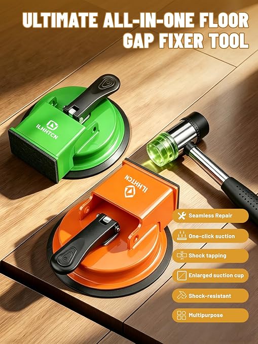 Laminate Floor Gap Fixer Tool Repair Kit, LVP Flooring Suction Cup Tool for Gaps, Heavy Duty Joint Puller Tools with 5 Reusable Sticky Pads & Rubber Mallet, Professional Hardwood Plank Closer (Orange)