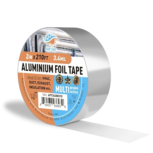 Air 360 Aluminum Foil Tape 2 Inch x 210 FT - HVAC Foil Tape for Ductwork, Dryer Vent, AC & Pipe Insulation - Heavy Duty High Temp Heat Resistant Metal Duct Tape, Waterproof Aluminum HVAC Tape