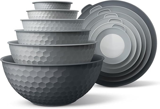 COOK WITH COLOR Mixing Bowls with Lids - 12 Piece Plastic Nesting Bowls Set includes 6 Prep Bowls and 6 Lids, Microwave Safe Mixing Bowl Set, Grey Embossed
