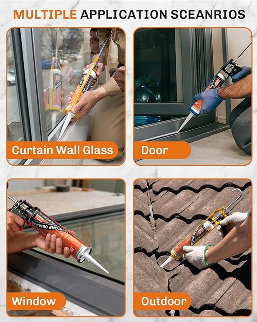 WELLUCK Light Gray Silicone Caulk, 100% Waterproof Silicone Sealant Adhesive Caulking,for RV, Kitchen,Bathroom, Window, Door, Glass,10.2FL.OZ/300ML (4Pack)