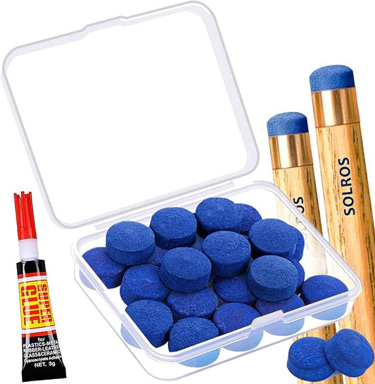 Billiard Pool Cue Tips - Pool Cue Stick Tips Replacement Repair Kit Billiard Cue Tips with Storage Box for Pool Table Cues Stick Tips Head and Leather Snooker Stick - SOLROS