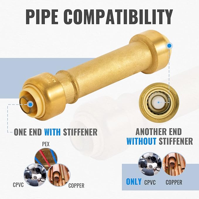 SUNGATOR 1/2 Inch Slip Coupling, Fatest Way for Emergency Repair and Leaks Fix, No Lead Brass Push-to-Connect Plumbing Fittings for PEX Pipe, Copper, CPVC, PE-RT, With 1 Disconnect Clip, Pack of 2