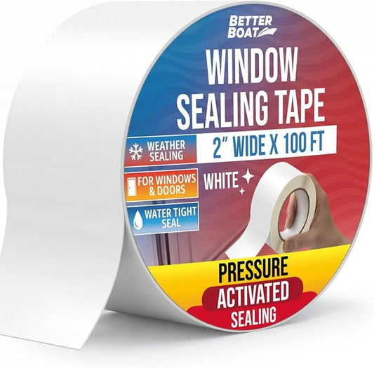 Window Sealing Tape White 2 Inch x 100 FT, Weather Seal for Windows, Doors and AC Units, Waterproof UV Resistant, Damage-Free Removal - Better Boat