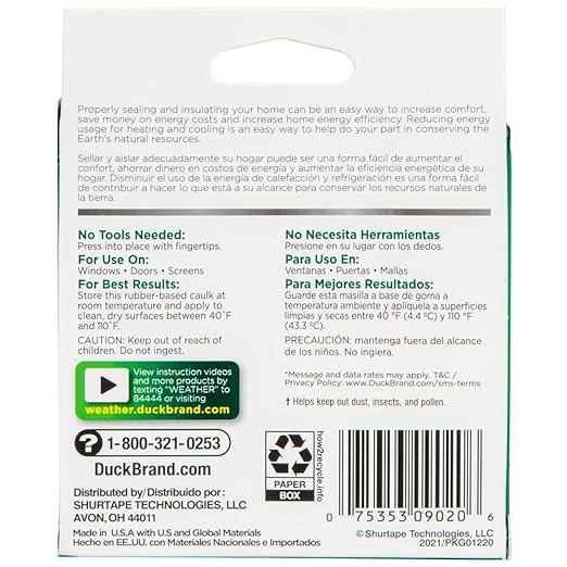 Duck Brand Press to Seal Rope Caulk, White, 1/8-Inch Wide x 35-Feet Long, Single Roll, 283580