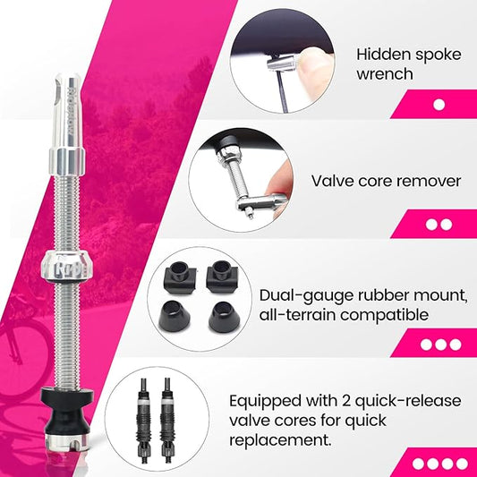 RideNow Tubeless Presta Valve Stems, 65mm Super Light 7075 Aluminum Alloy Presta Tubeless Valve Stem Kit with Valve Core Remover Tool and Valve Stem Caps, Multiple Color and Size Options(Pair), Silver