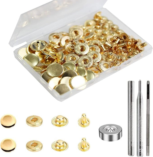 BetterJonny 24 Sets Heavy Duty Leather Snap Fasteners Kit, 15mm Metal Snap Buttons Press Studs Leather Rivets Snaps with 4 Setter Tools for Clothes Bracelet Jackets Jeans Gold